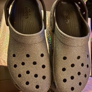 BRAND NEW silver glitter CROCS platform clogs (pic 5 has a slit in the glitter)